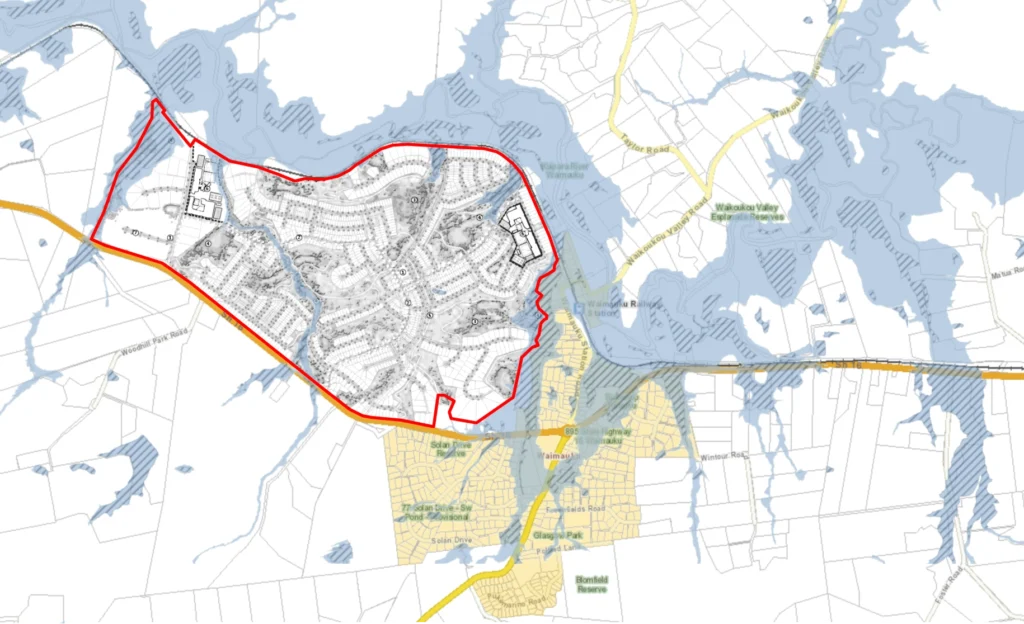 Map of Waimauku townshop with proposed Waimauku West development added to it, overlaid with current Auckland Council GIS flood plains