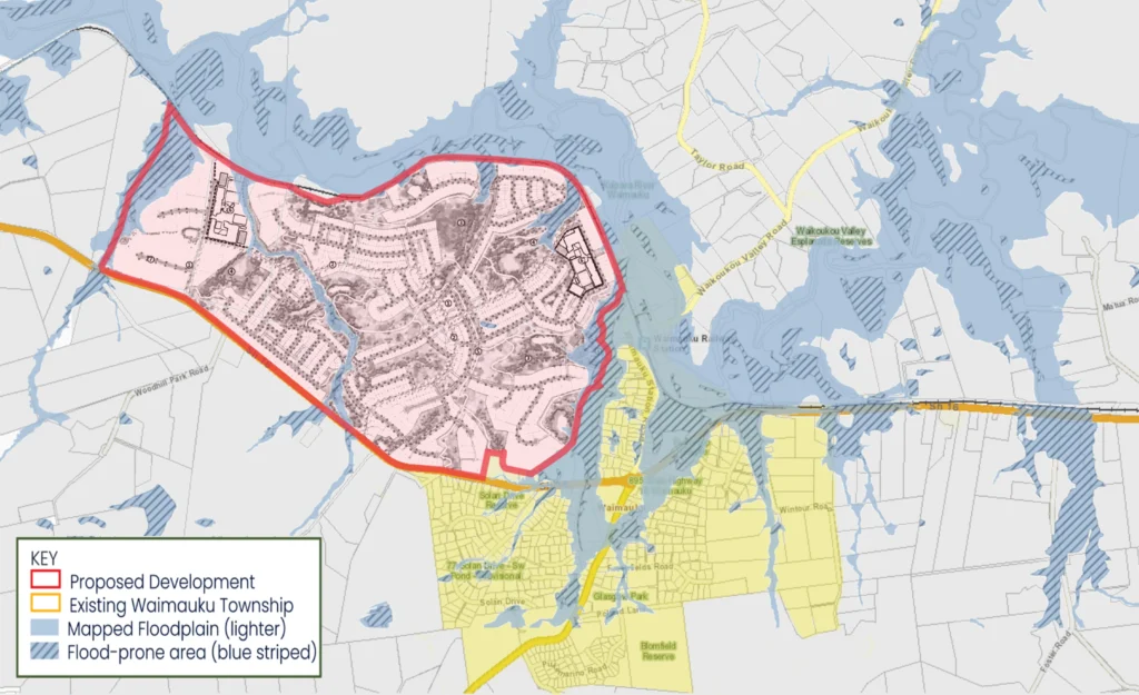 Map of Waimauku townshop with proposed Waimauku West development added to it, overlaid with current Auckland Council GIS flood plains